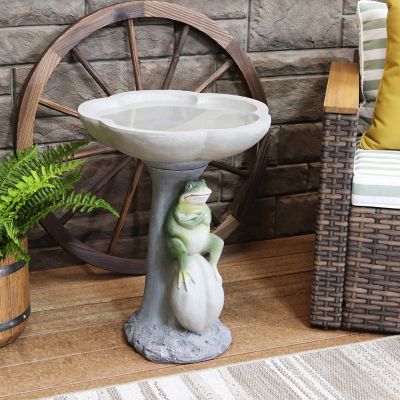 Image showing  22 in. Outdoor Whimsical Garden Patio Yard Polyresin Grumpy Brooding Frog Sitting on Stone Bird Bath
