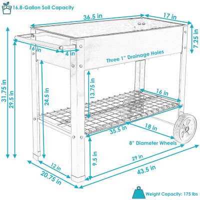 Image showing  Steel Raised Garden Bed Cart, 43.5 x 20.75 x 31.75in., Turquoise
