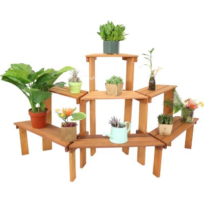 Sunnydaze Decor 3-Tier Outdoor Meranti Wood with Teak Oil Finish Flower Plant Stand. 36 in., Brown