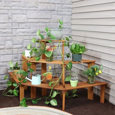 Image showing  3-Tier Outdoor Meranti Wood with Teak Oil Finish Flower Plant Stand. 36 in., Brown