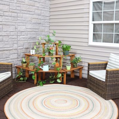 Image showing 6 th Sunnydaze Decor 3-Tier Outdoor Meranti Wood with Teak Oil Finish Flower Plant Stand. 36 in., Brown