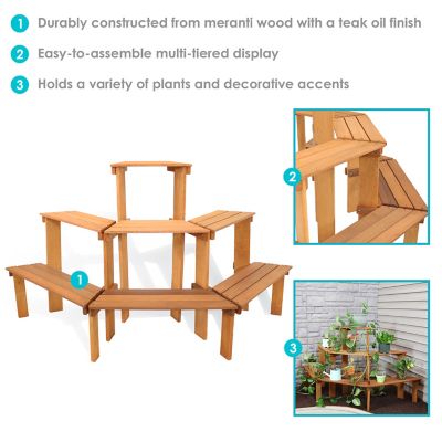 Image showing 8 th Sunnydaze Decor 3-Tier Outdoor Meranti Wood with Teak Oil Finish Flower Plant Stand. 36 in., Brown