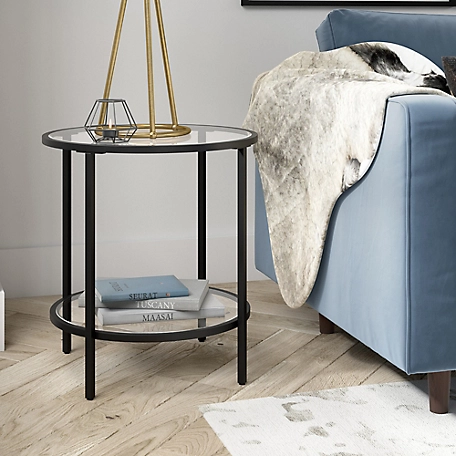 Hudson&Canal Sivil Round Side Table with Glass Shelf