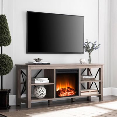 Hudson&Canal Sawyer TV Stand with Log Fireplace Insert for TVs Up to 65 in.