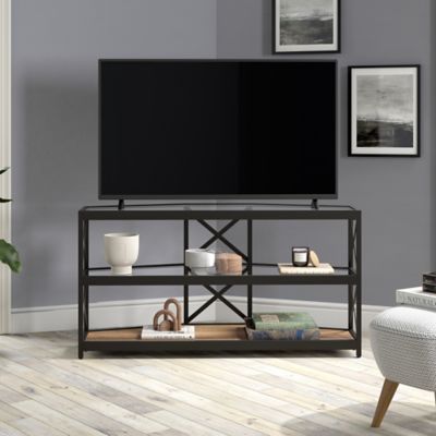 Hudson&Canal Celine 5-Sided TV Stand with Rustic Oak Shelf