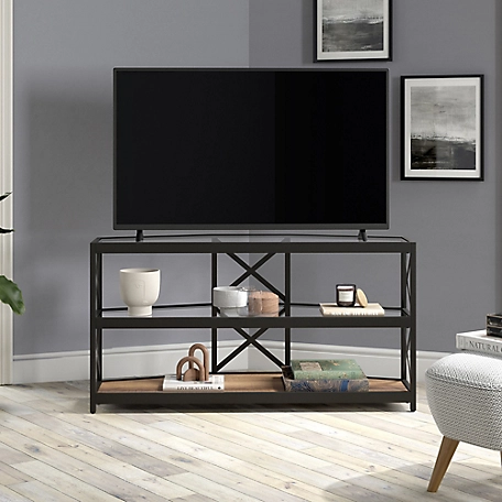 Hudson&Canal Celine 5-Sided TV Stand with Rustic Oak Shelf