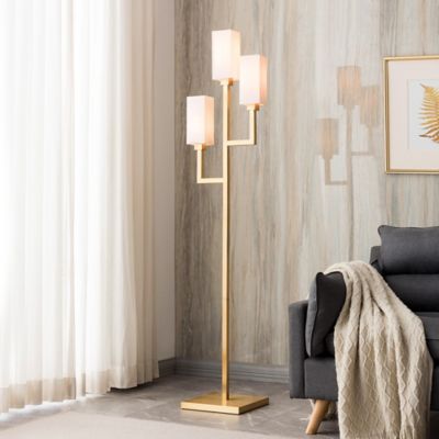 Hudson&Canal 69.5 in. Basso 3-Light Torchiere Floor Lamp with Fabric Shades, Brass