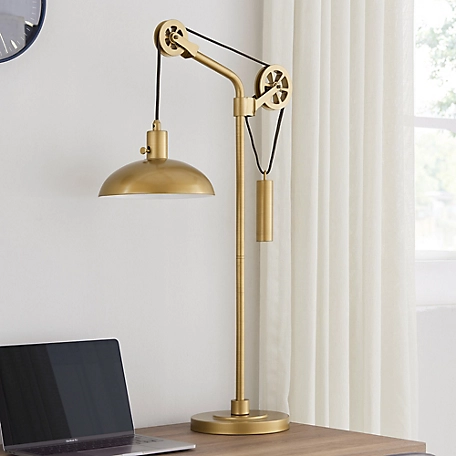 Hudson&Canal 33.5 in. Neo Table Lamp with Spoke Wheel Pulley System, Brass