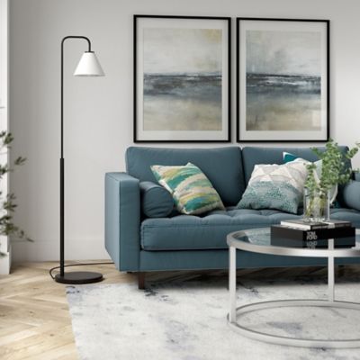 Image showing  62 in. Henderson Arc Floor Lamp with White Milk Glass Shade, Blackened Bronze