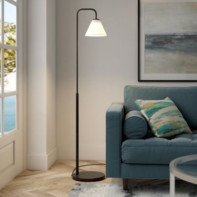 Image showing 6 th Hudson&Canal 62 in. Henderson Arc Floor Lamp with White Milk Glass Shade, Blackened Bronze