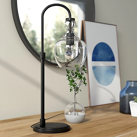 Hudson&Canal 27 in. Verona Blackened Bronze Arc Table Lamp with Seeded Glass Shade