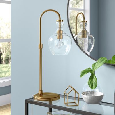 Hudson&Canal 27 In. Verona Brushed Brass Arc Table Lamp With Seeded Glass Shade