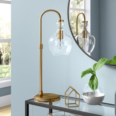 Hudson&Canal 27 in. Verona Brushed Brass Arc Table Lamp with Seeded Glass Shade