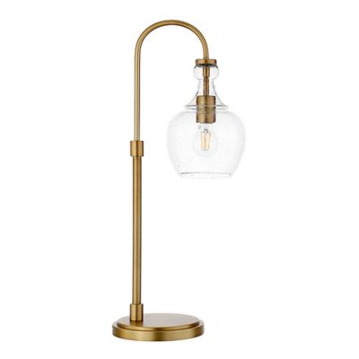 Image showing  27 in. Verona Brushed Brass Arc Table Lamp with Seeded Glass Shade