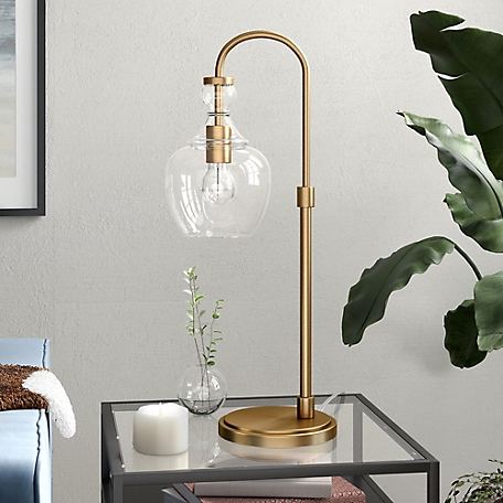 Hudson&Canal 27 in. Verona Brushed Brass Arc Table Lamp with Clear Glass Shade