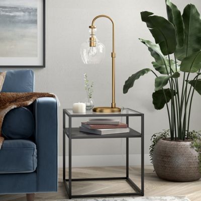 Image showing  27 in. Verona Brushed Brass Arc Table Lamp with Clear Glass Shade