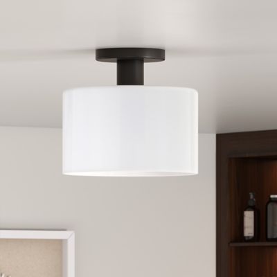 Hudson&Canal Henri Semi Flush-Mount Ceiling Light with White Milk Glass Shade, Matte Black