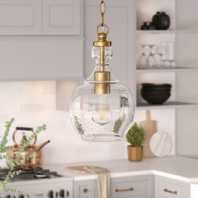 Hudson&Canal 1-Light Verona Pendant Light with Seeded Glass Shade, 7 in., Brushed Brass