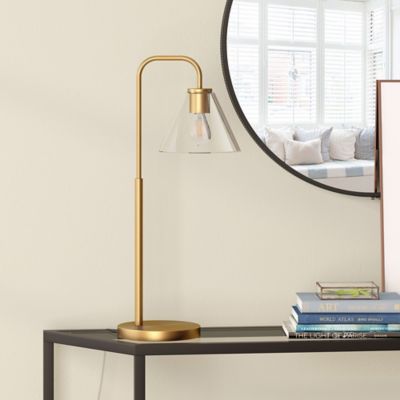 Hudson&Canal 27 in. Henderson Arc Table Lamp with Clear Glass Shade, Brass