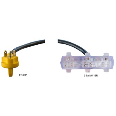 Image showing  25 ft. Extension Cord with Male TT-30P 30A Plug to 3-Split 5-15R Outlets