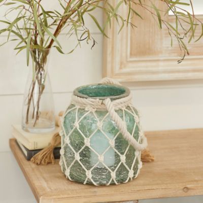Harper & Willow 15 in. Aquamarine Glass Coastal Candle Holder Lantern