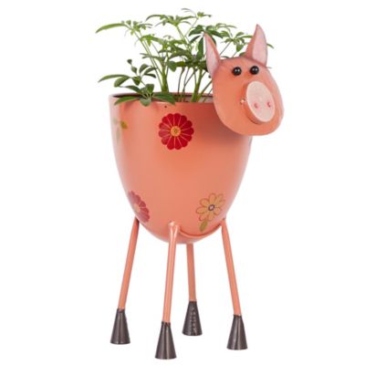 Image showing  Pink Metal Indoor Outdoor Pig Planter with Floral Pattern Planter 8 in. x 14 in. x 16 in.