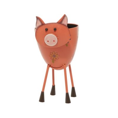 Image showing  Pink Metal Indoor Outdoor Pig Planter with Floral Pattern Planter 8 in. x 14 in. x 16 in.