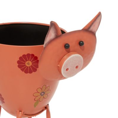 Image showing  Pink Metal Indoor Outdoor Pig Planter with Floral Pattern Planter 8 in. x 14 in. x 16 in.