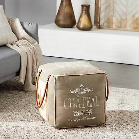 Harper & Willow Gray Canvas Pouf with Leather Handles 21 in. x 21 in. x 17 in.