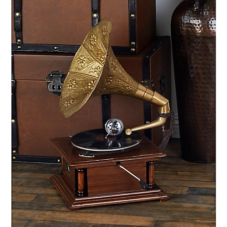 Harper & Willow Copper Wood and Metal Vintage Gramophone, 28 in. x 18 in. x 16 in.