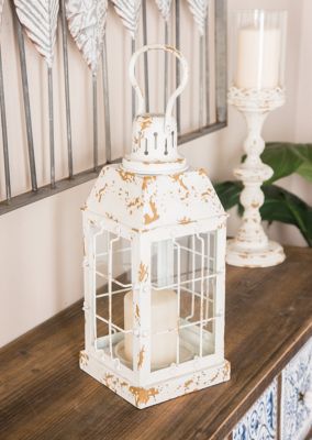 Harper & Willow White Iron Vintage Candle Holder Lantern, 14 in. x 7 in. x 7 in., 42909