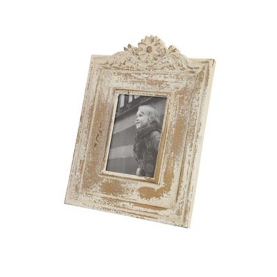 Image showing  7 in. x 5 in. Wood Handmade Intricate Carved Scroll Photo Frame, 11 in. x 1 in. x 14 in., White