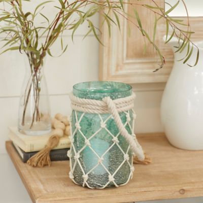 Harper & Willow 16 in. Aquamarine Glass Coastal Candle Holder Lantern