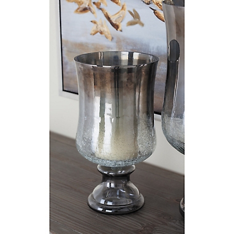 Harper & Willow Black Glass Handmade Turned Style Pillar Hurricane Lamp with Smoked Glass Finish 7" x 7" x 14", 24680
