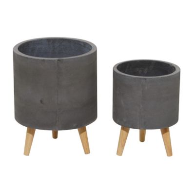 Image showing  Gray Ceramic Indoor Outdoor Planter with Wood Legs Set of 2 13 in., 16 in.H