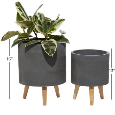Image showing  Gray Ceramic Indoor Outdoor Planter with Wood Legs Set of 2 13 in., 16 in.H
