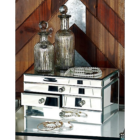 Harper & Willow Silver Mirror and Wood Glam Jewelry Box, 6 in. x 11 in. x 9 in.
