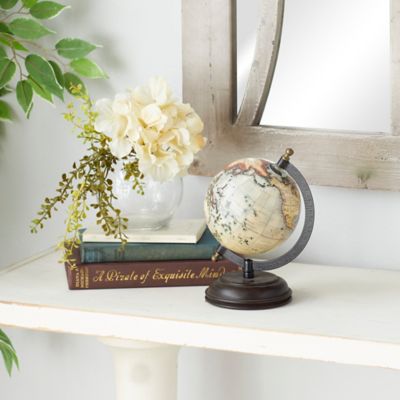 Harper & Willow Rustic Style Plastic Globe with Iron Axis and Mango Wood Base, 9 in. x 6 in. x 5 in.