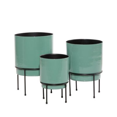 Image showing  Teal Metal Indoor Outdoor Planter with Removable Black Stand, Set of 3, 10 in., 13 in., 14 in. H