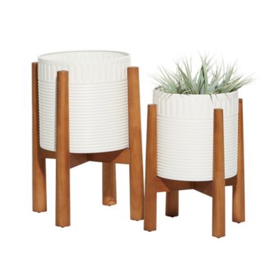 Image showing  White Metal Indoor Outdoor Planter with Removable Wood Stand Set of 2 17 in., 15 in.H