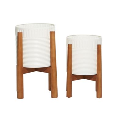Image showing  White Metal Indoor Outdoor Planter with Removable Wood Stand Set of 2 17 in., 15 in.H