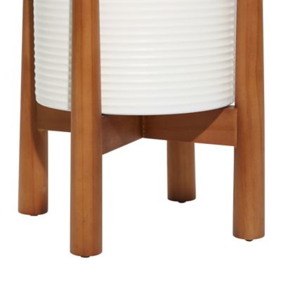 Image showing  White Metal Indoor Outdoor Planter with Removable Wood Stand Set of 2 17 in., 15 in.H