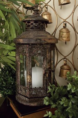 Harper & Willow Brown Iron Rustic Candle Holder Lantern, 13 in. x 6 in. x 6 in., 52952