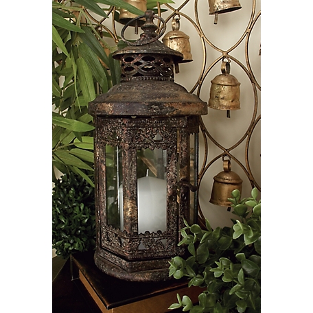 Harper & Willow Brown Iron Rustic Candle Holder Lantern, 13 in. x 6 in. x 6 in., 52952