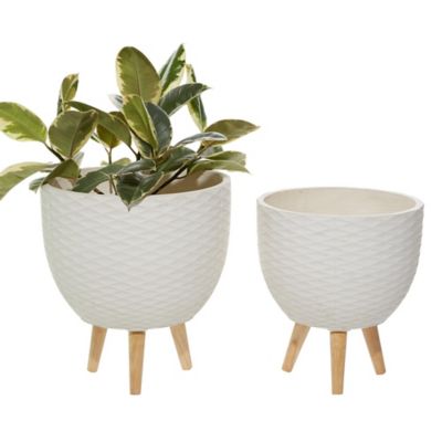 Image showing  White Ceramic Indoor Outdoor Planter with Wood Legs Set of 2 16 in., 14 in.H