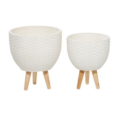 Image showing  White Ceramic Indoor Outdoor Planter with Wood Legs Set of 2 16 in., 14 in.H