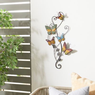 Harper & Willow Multicolor Metal Indoor/Outdoor Butterfly Wall Decor with Scroll Details, 15 in. x 29 in.