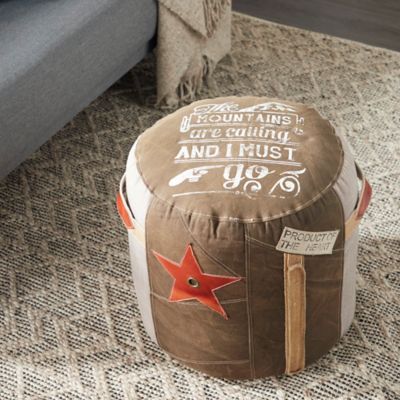 Harper & Willow Brown Canvas Pouf with Leather Accents, 17 in. x 17 in. x 19 in.