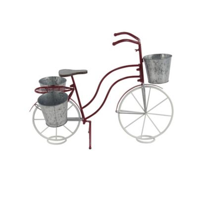 Image showing  Red Metal Indoor Outdoor Bike Plantstand with Basket and Saddle Bag Planters 31 in. x 15 in. x 23 in.