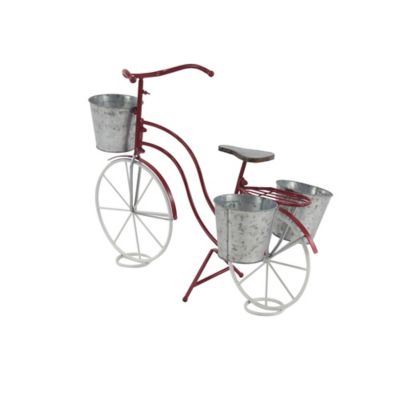 Image showing  Red Metal Indoor Outdoor Bike Plantstand with Basket and Saddle Bag Planters 31 in. x 15 in. x 23 in.